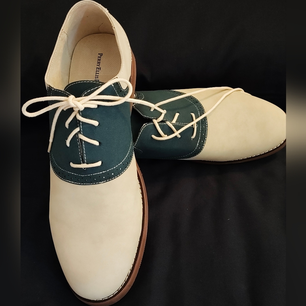 Perry Ellis Portfolio Natural & Navy Men's Saddle Shoes 13 M